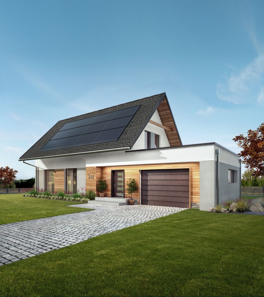 Digital rendering of home with solar panels flashed to roof