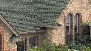 Light brick house with tall windows and an army green roof.