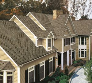 Large property with beige vinyl siding and gorgeous roofing.